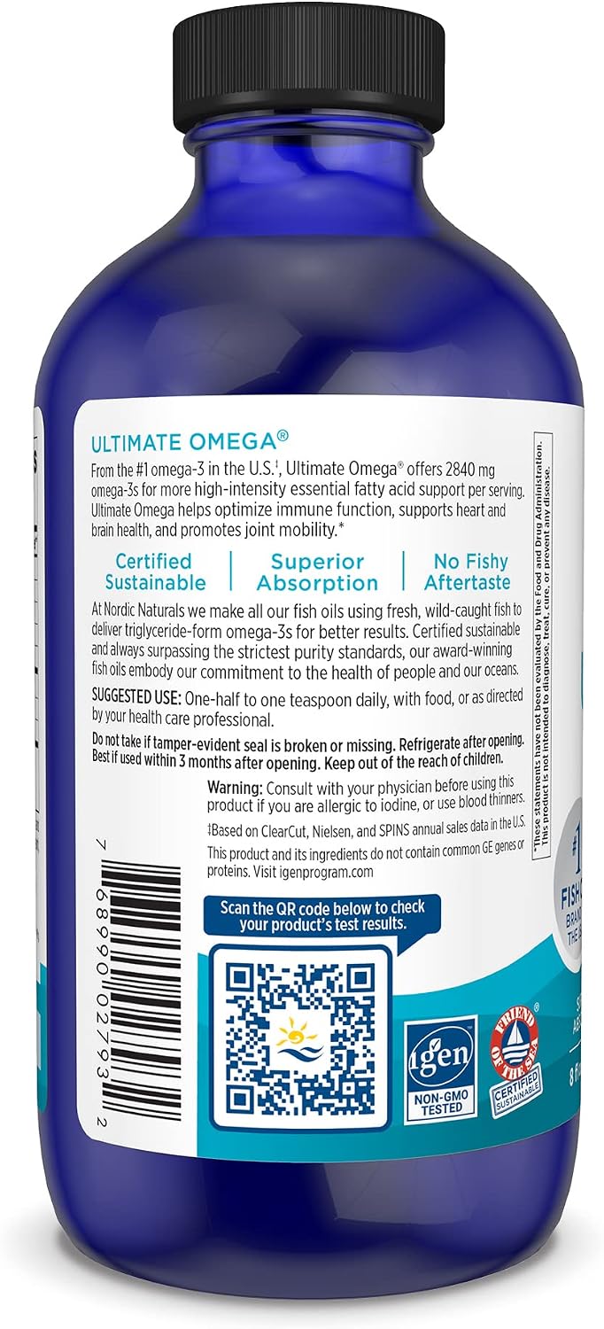 Nordic Naturals Ultimate Omega Liquid, Lemon Flavor - 8 oz - 2840 mg Omega-3 - High-Potency Omega-3 Fish Oil Supplement with EPA & DHA - Promotes Brain & Heart Health - Non-GMO - 48 Servings