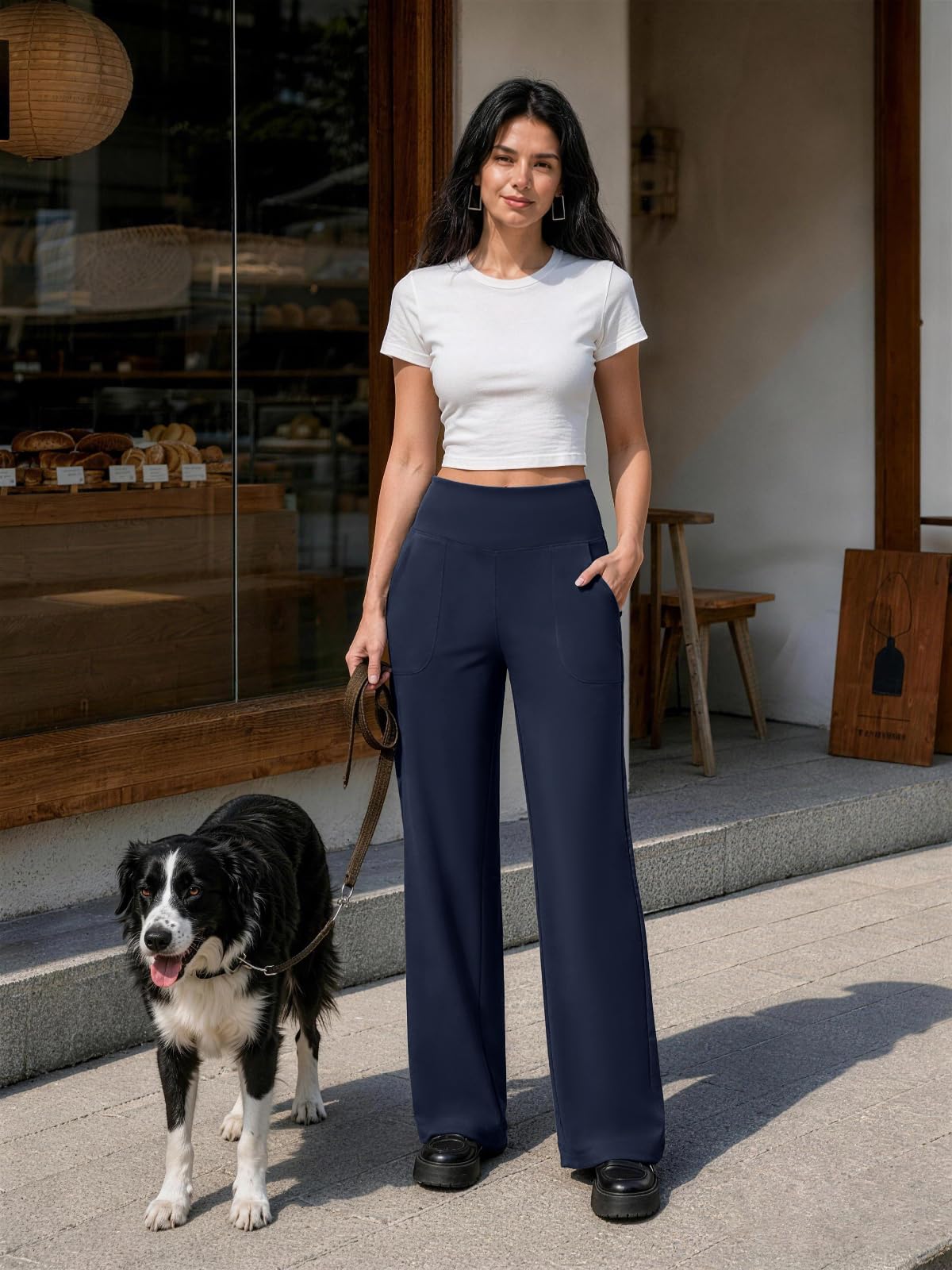 COPYLEAF Pantalones de pierna ancha para mujer, pantalones de yoga de cintura alta con bolsillos, holgados, elásticos, pantalones deportivos para el trabajo, uso casual