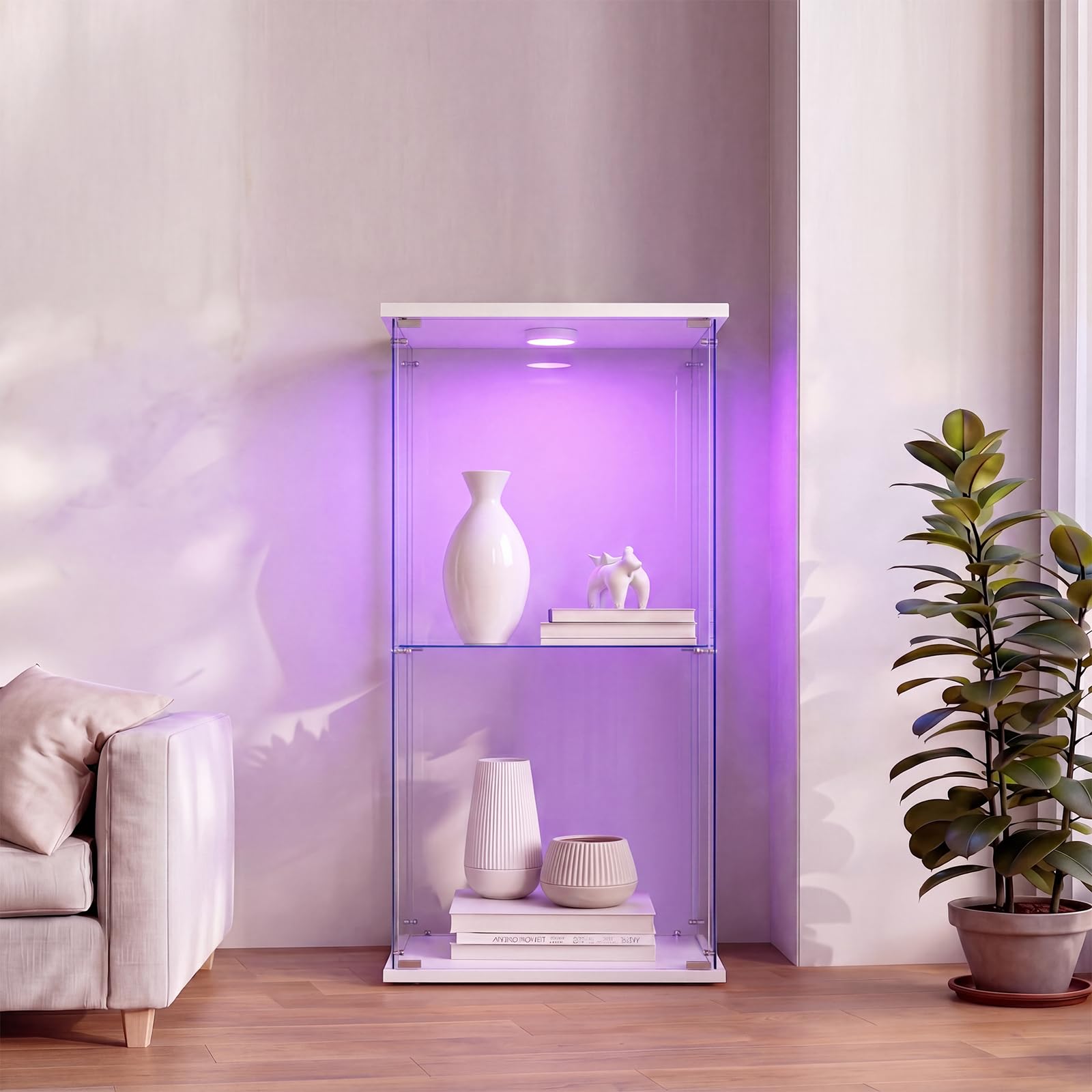 Vitrina de Cristal con Luces LED y Cerradura, Armario Expositor de Vidrio Templado con 1 Puerta y 2 Estantes, Cristalera Vitrina Expositora para Salón y Colección, 86×40×36,5 cm, Blanco