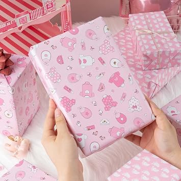 MAYPLUSS Baby Pink Girl Gift Wrap Paper, 17IN x 33FT Baby Shower Wrap Paper