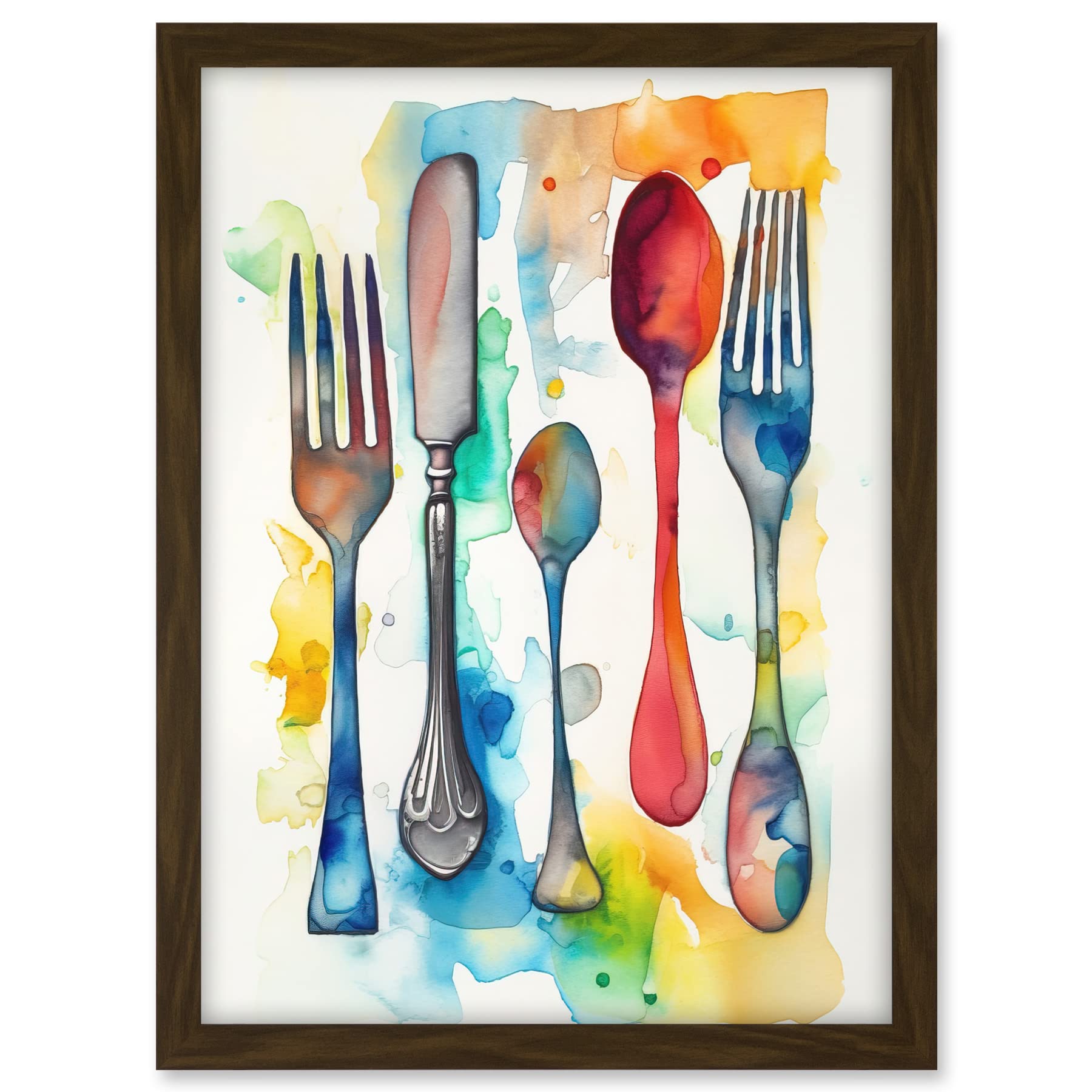 Artery8 Cutlery Forks Spoons And Knife Watercolour Painting Artwork Framed A3 Wall Art Print