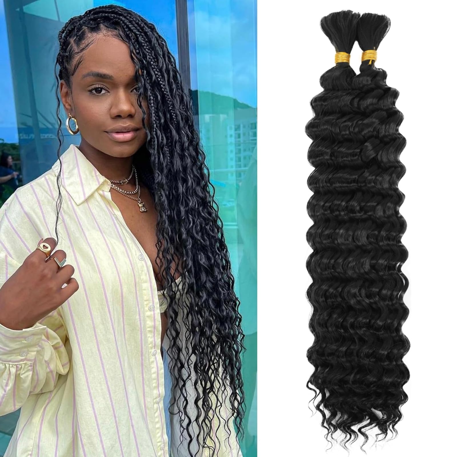 LPARMJIT Deep Wave Bulk hair for Braiding 18 inch 2 Bundles/Pack No Weft for Braiding Wavy Synthetic Braiding Hair Extensions for Boho Braids (1B