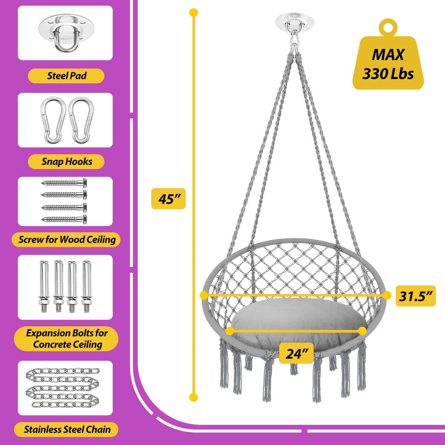 Patio Watcher Hammock Chair Hanging Macrame Swing with Cushion and