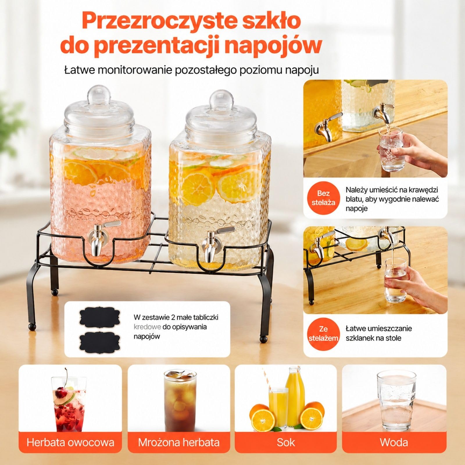 Dystrybutor napojów, 2 x 5,5 l szklane pojemniki z kranem, przezroczysty podwójny cylinder na metalowej podstawie do soku, lemoniady, imprez, barów i restauracji