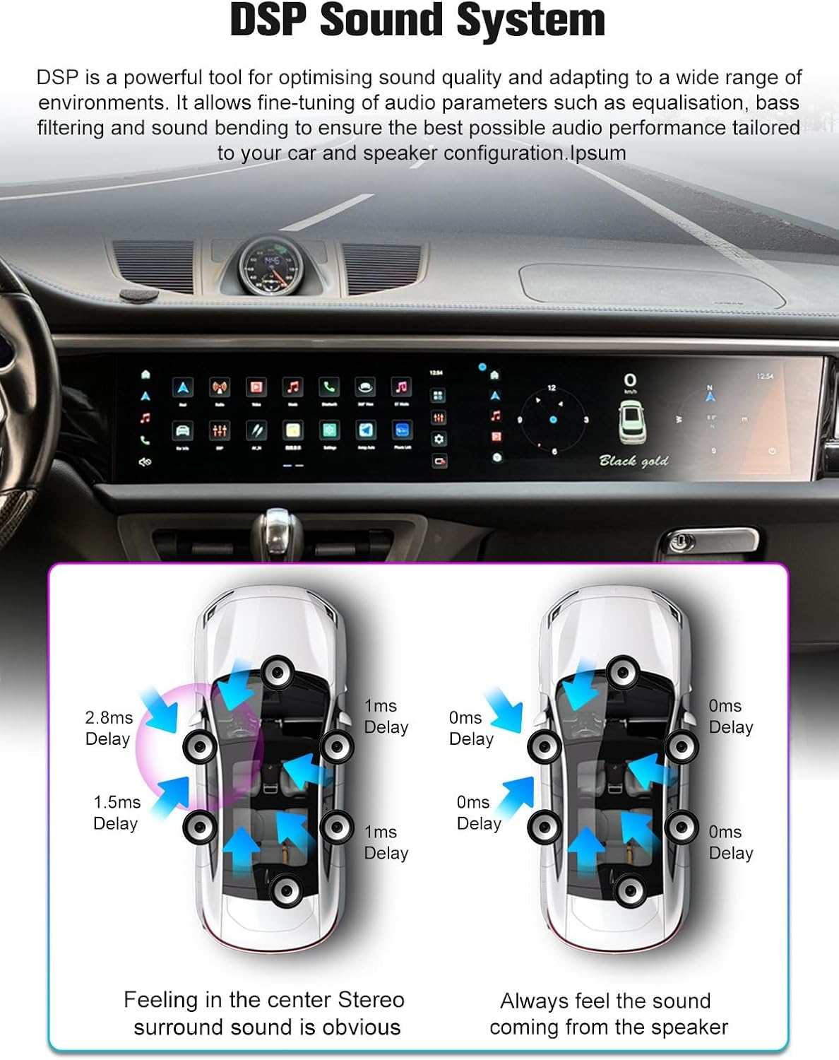 Pioowirk Dual Screen Radio displaying DSP sound system settings