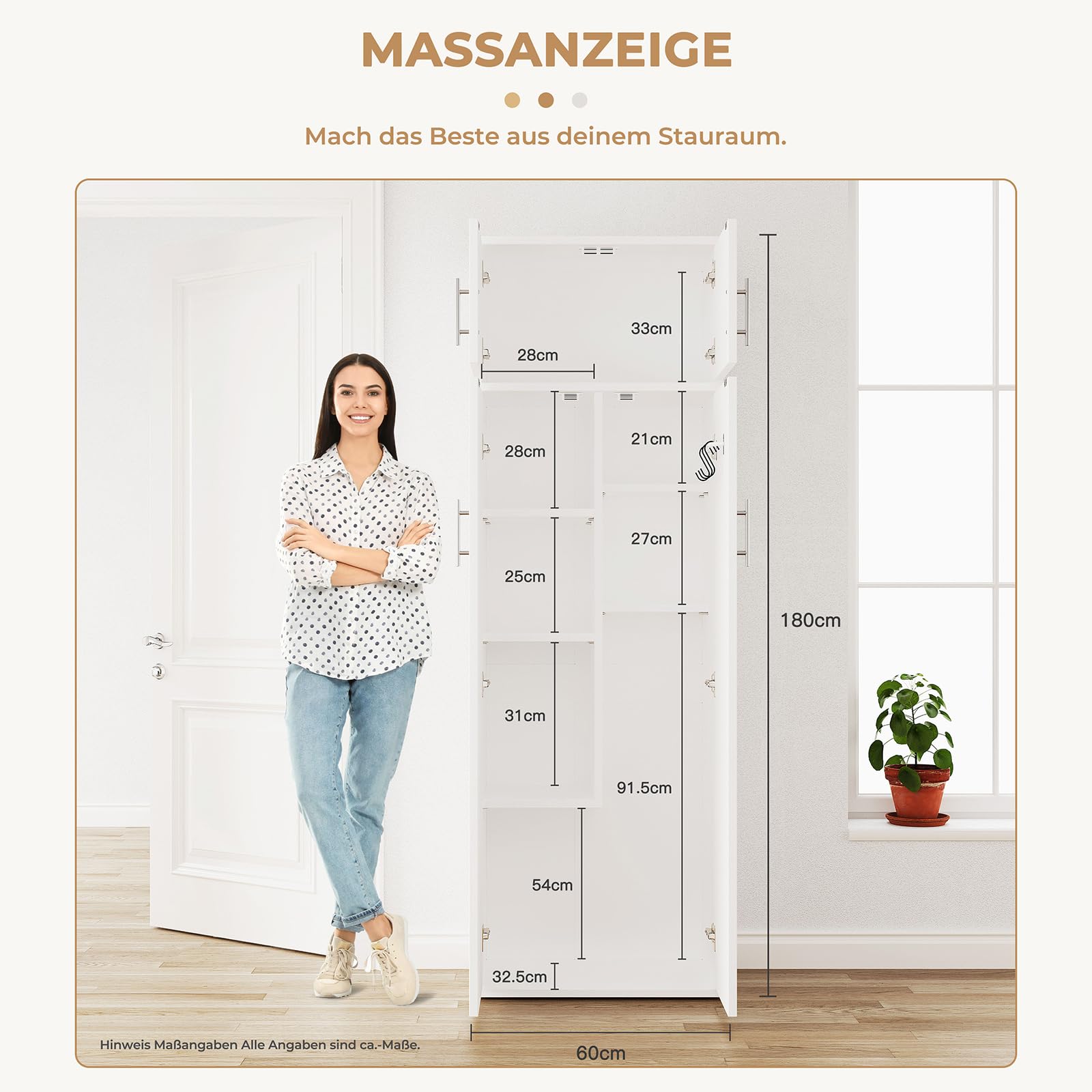 Dripex Besenschrank Mehrzweckschrank 180x60x34cm Haushaltsschrank Staubsaugerschrank aus Holz mit Verstellbarer Einlegeboden für Küche Wohnzimmer Esszimmer, Weiß
