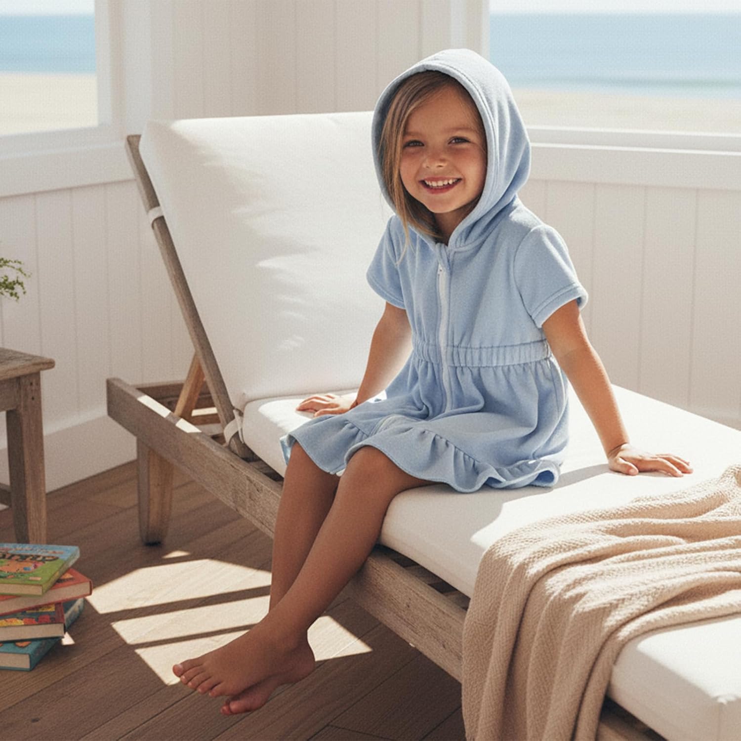 Multitrust Toddler Baby Girls Terry Swim Cover Up Ruffled Hooded Bathing Suit Coverup Zip Up Elastic Waist Beach Cover-Up - Image 2