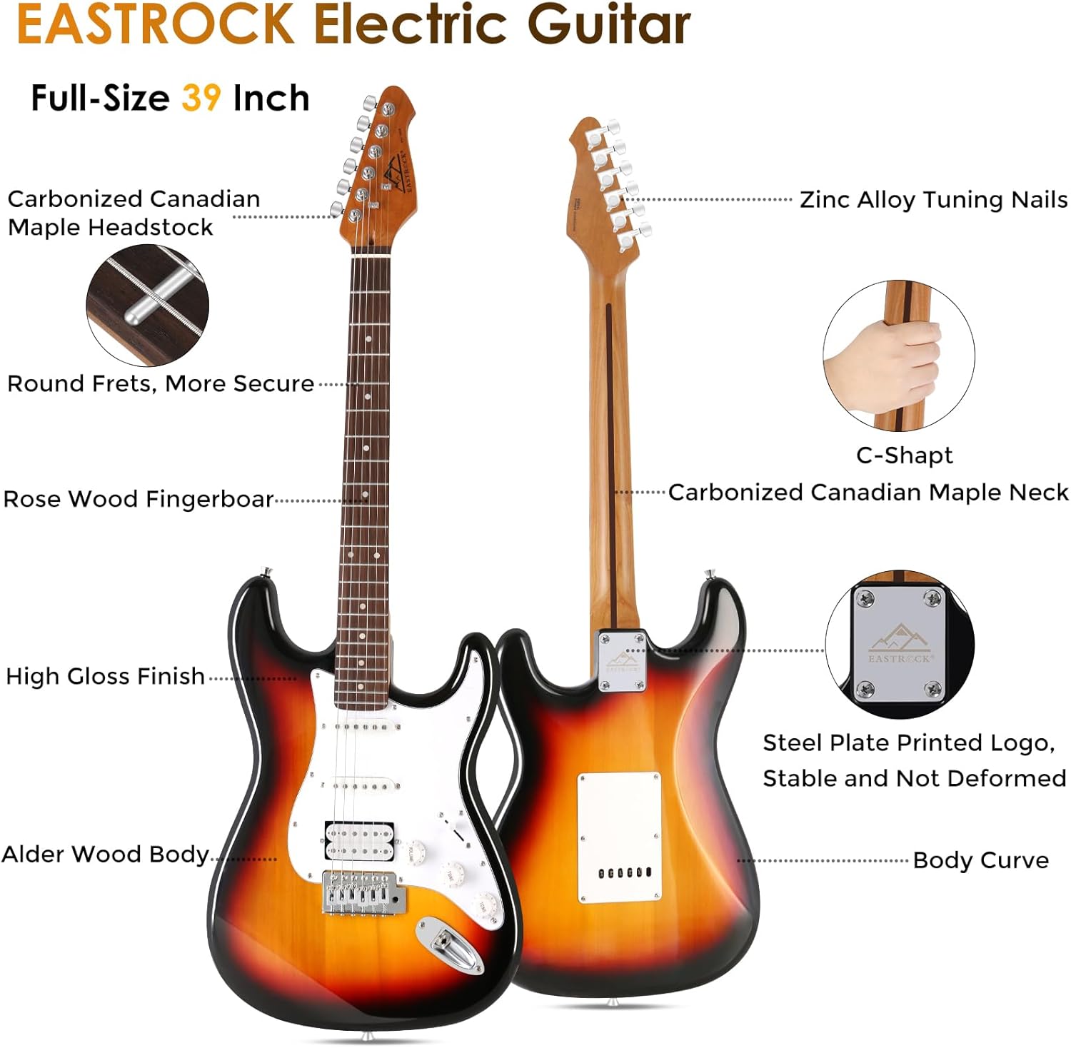 EASTROCK 39 inch Full-Size Electric Guitar Kit for Beginner Starter with 10w Amp, Bag, Capo, Shoulder Strap, String, Cable, Picks. (39" Right Handed, Sunburst)