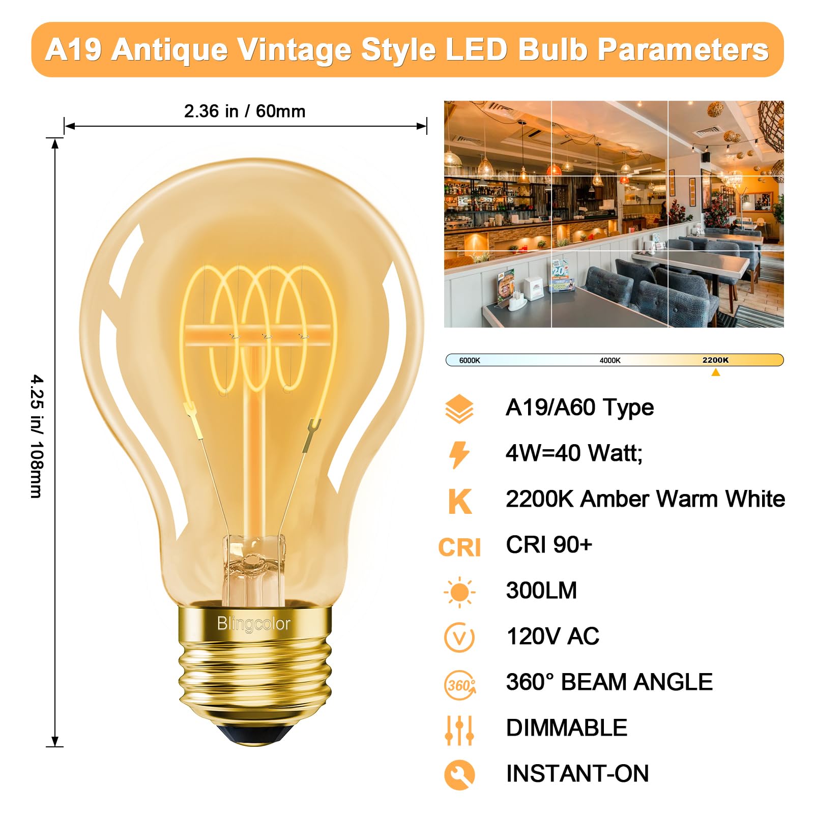 A19 Vintage LED Edison Light Bulbs 40 Watt 4-Pack Dimmable A19 4W 2200K Amber Warm Light Bulbs E26 — view 2