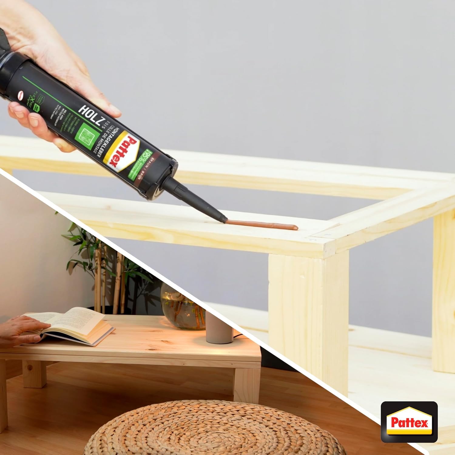 Pattex Montagekleber Holz, Kartusche, braun, 6x 420g | Spezialkleber für Holzarbeiten – starke Haftung & natürliche Optik