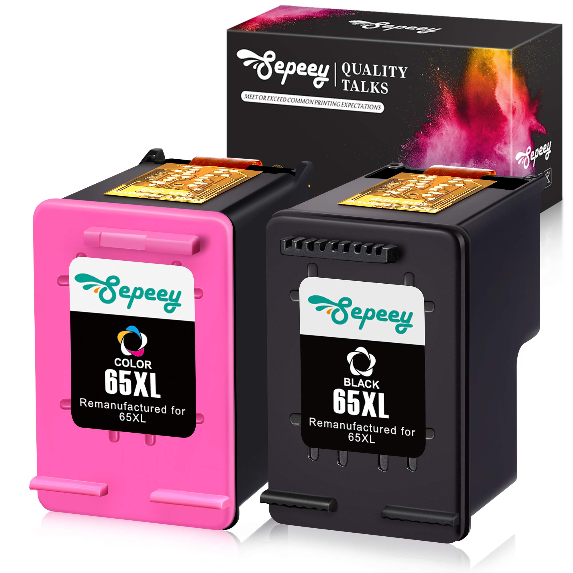 Remanufactured Ink Cartridge for HP 65XL 65 65 XL (N9K04AN), Use with Envy 5055, 5058, 5052, Deskjet 2655, 2622, Deskjet 3755, 3758, 3752, 3732, 3730, 3722, 3721, 3720 Printer (1 Black+1 Color)