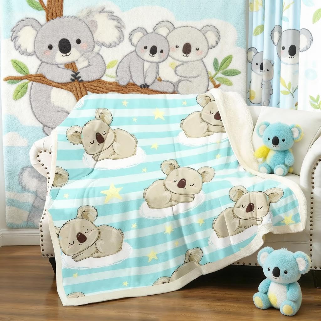 Loussiesd Kids Sherpa Blanket Cute Koala Fleece Blanket for Chair Sofa Couch Cartoon Wild Animal Stain Resistant Star Stripe Room Decor King 87"*94" — image 1