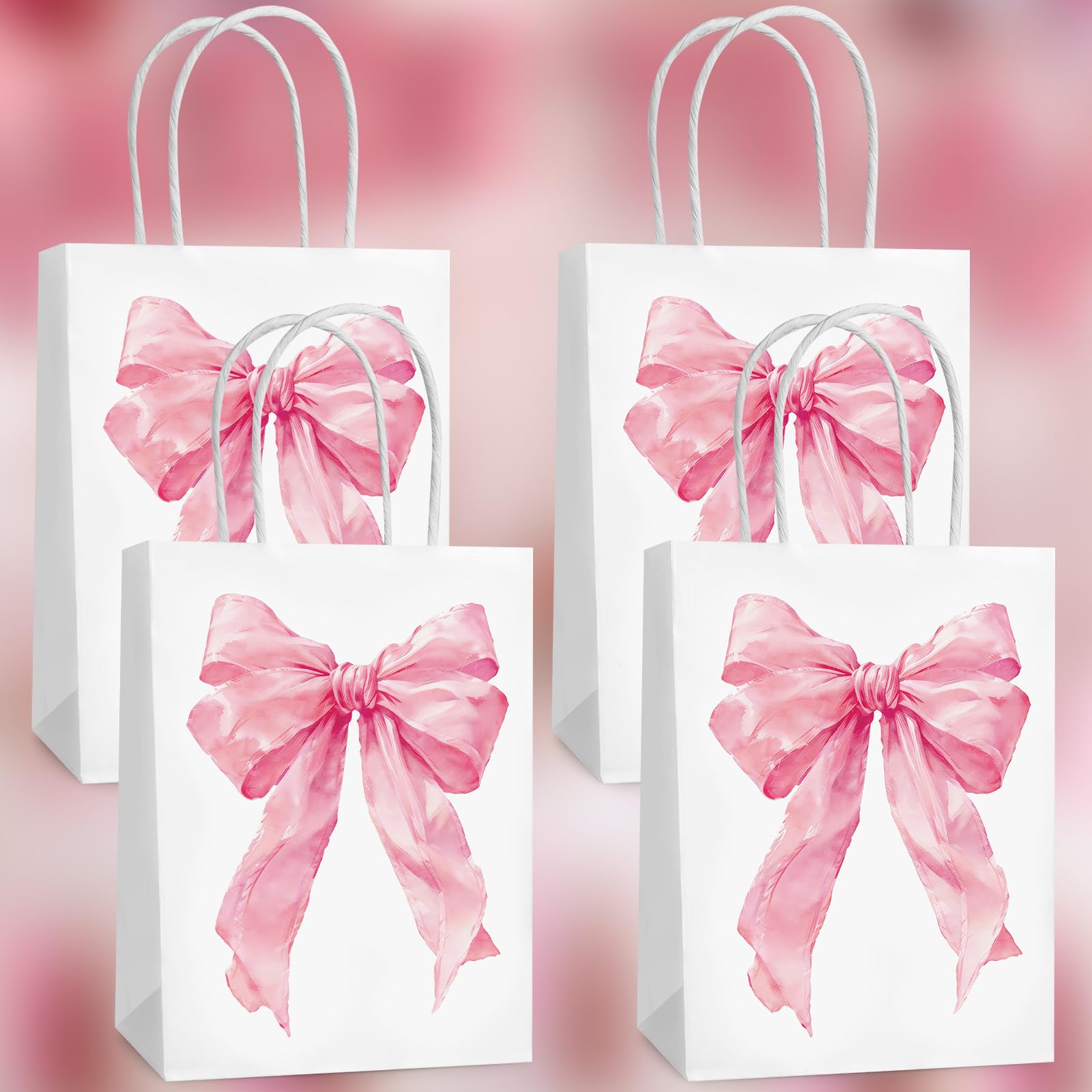 Hxezoc 12 Pieces Pink Bow Gift Bags with Handle, Paper Treat Candy Bag Girly Bow Favor Bags for Bow Theme Bachelorette Party Birthday Party Decoration Supplies