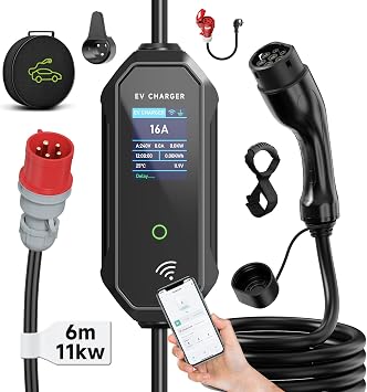 EV Charger CEE 11kW, 3-phase, 6m, 8-16A the EV charger Type 2, Mobile Charging Station/Wallbox Charging Cable Type 2 with Digital LCD control for ID.5, Model Y/3, e-up, e-tron, and other EV