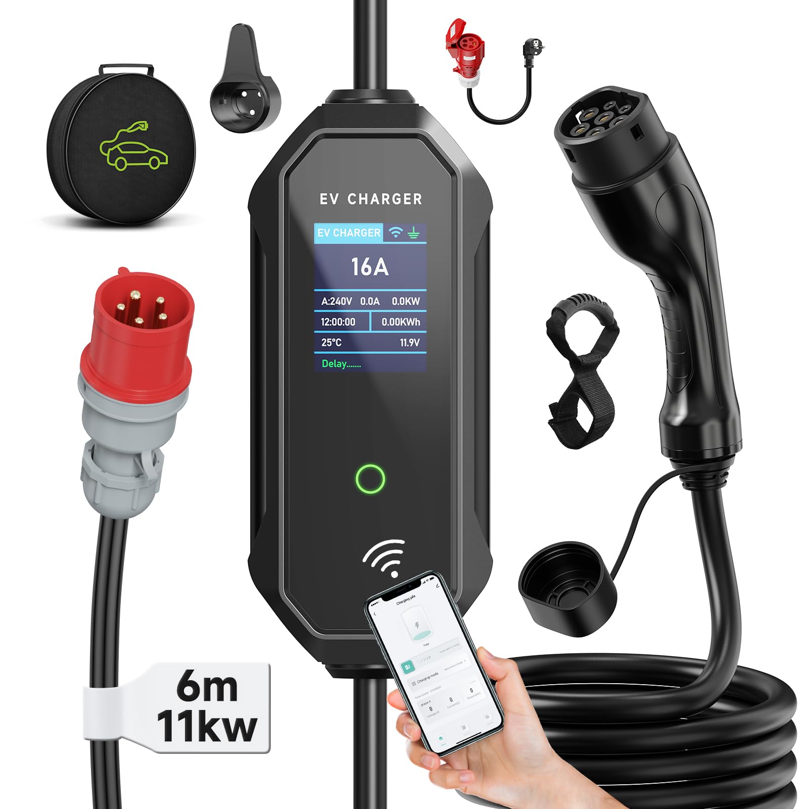 6m Cavo Ricarica Auto Tipo 2 CEE 11kW, Trifase, 8-16A con Potenza di Ricarica Regolabile, Caricatore per Veicoli Elettrici e Stazione di Ricarica Mobile/Wallbox