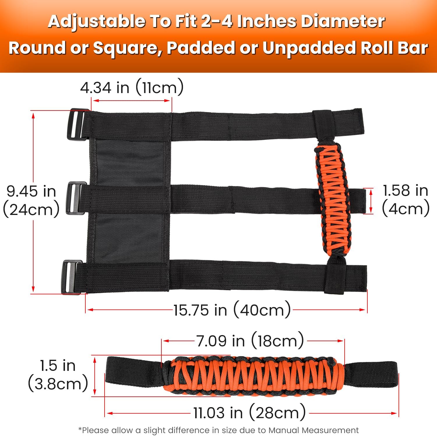 Roll Bar Grab Handles Grip Handle for Jeep Wrangler JK JKU JL JLU TJ YJ Sports Sahara Freedom Rubicon Unlimited Gladiator JT 1955-2023 UTV ATV Accessories Premium 550 Paracord (Orange 2 Pack)
