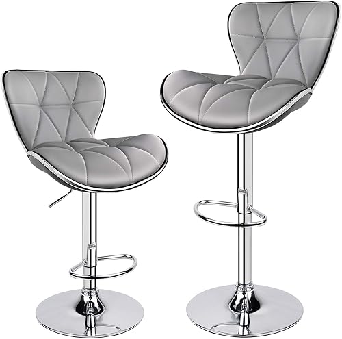 Miniatura 6 de Taburetes de bar giratorios ajustables con respaldo de cáscara, cuero sintético acolchado con espalda, juego de 3 (gris claro) Gris claro,Blanco