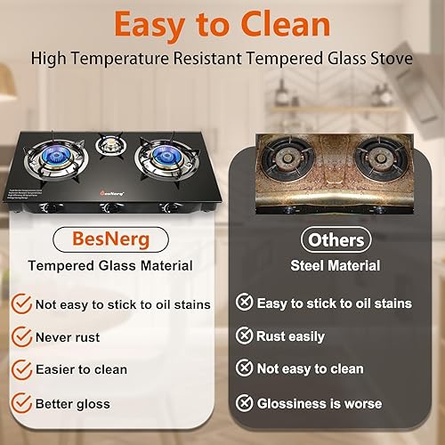 Miniatura 5 de Estufa de propano Estufa de gas de 3 quemadores, 34000 BTU de alta eficiencia con encendido automático de GLP de vidrio templado con regulador CSA y
