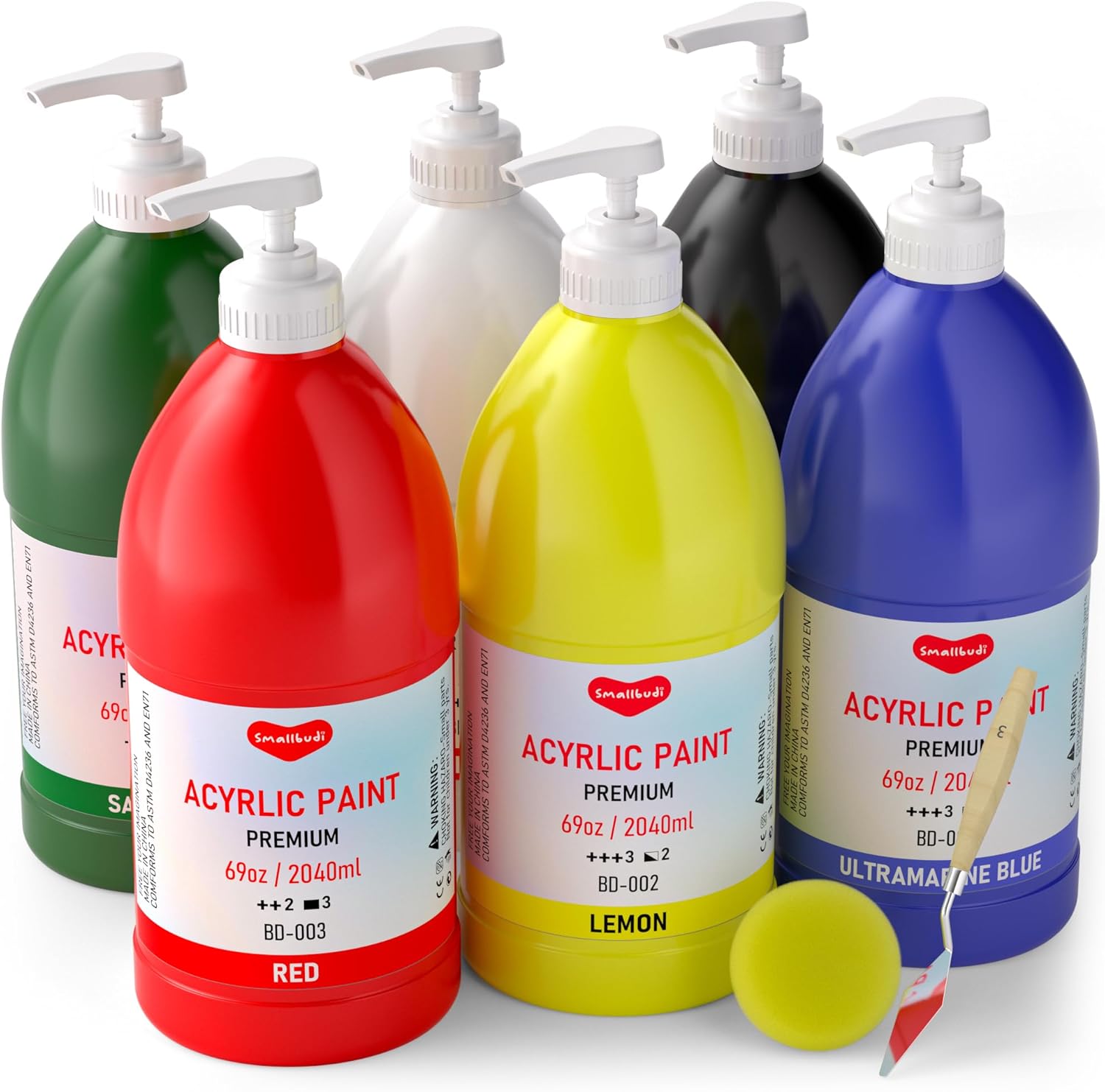 6 Colors Large Acrylic Paint Set (69 oz,2040 ml) Art Painting Bulk Supplies for Multi Surface Canvas Wood Leather Fabric Rock Craft, Non Toxic Paint for Kid & Adult with Pump 6 Colors 2040ml