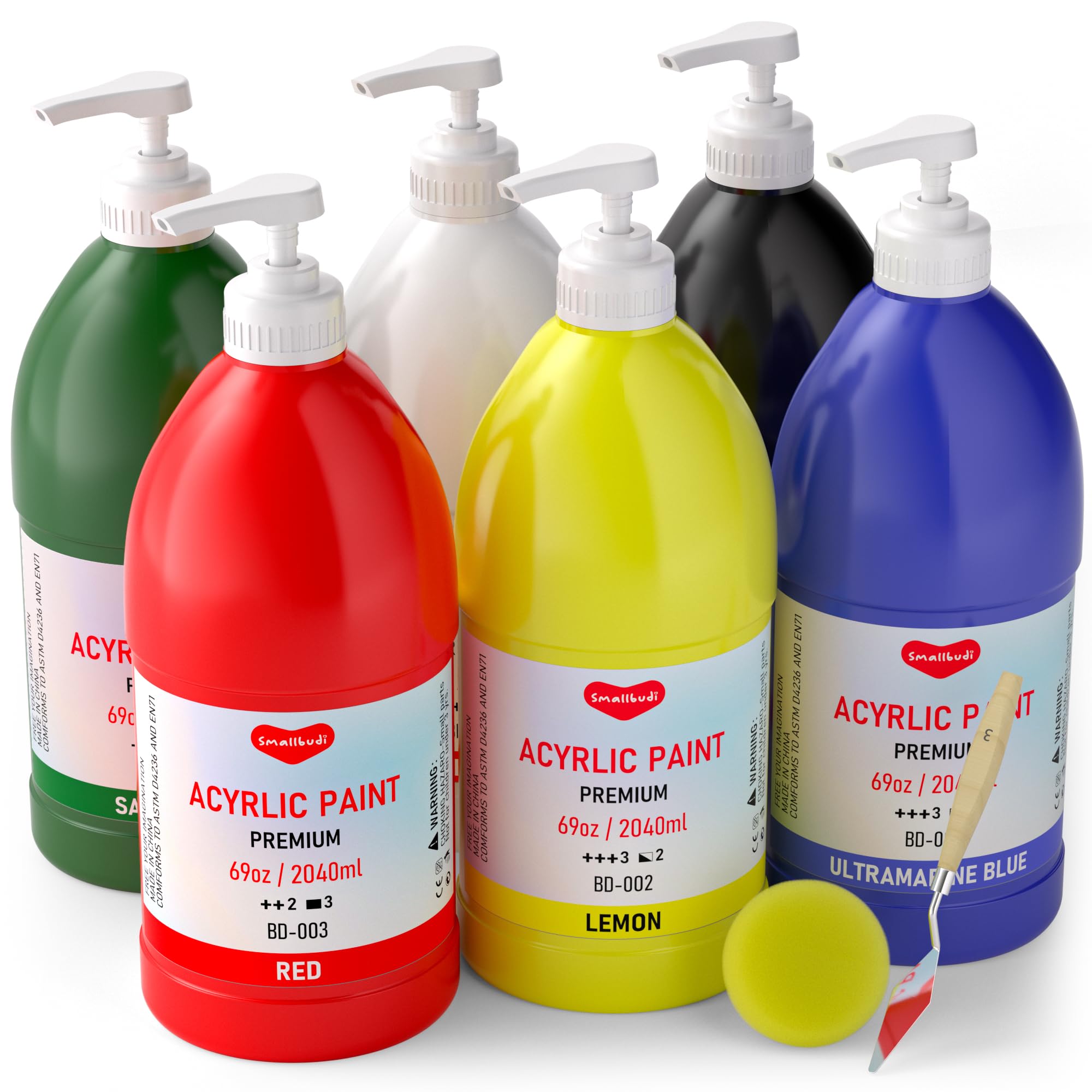Smallbudi 6 Colors Large Acrylic Paint Set (69 oz,2040 ml) Art Painting Bulk Supplies for Multi Surface Canvas Wood Leather Fabric Rock Craft, Non