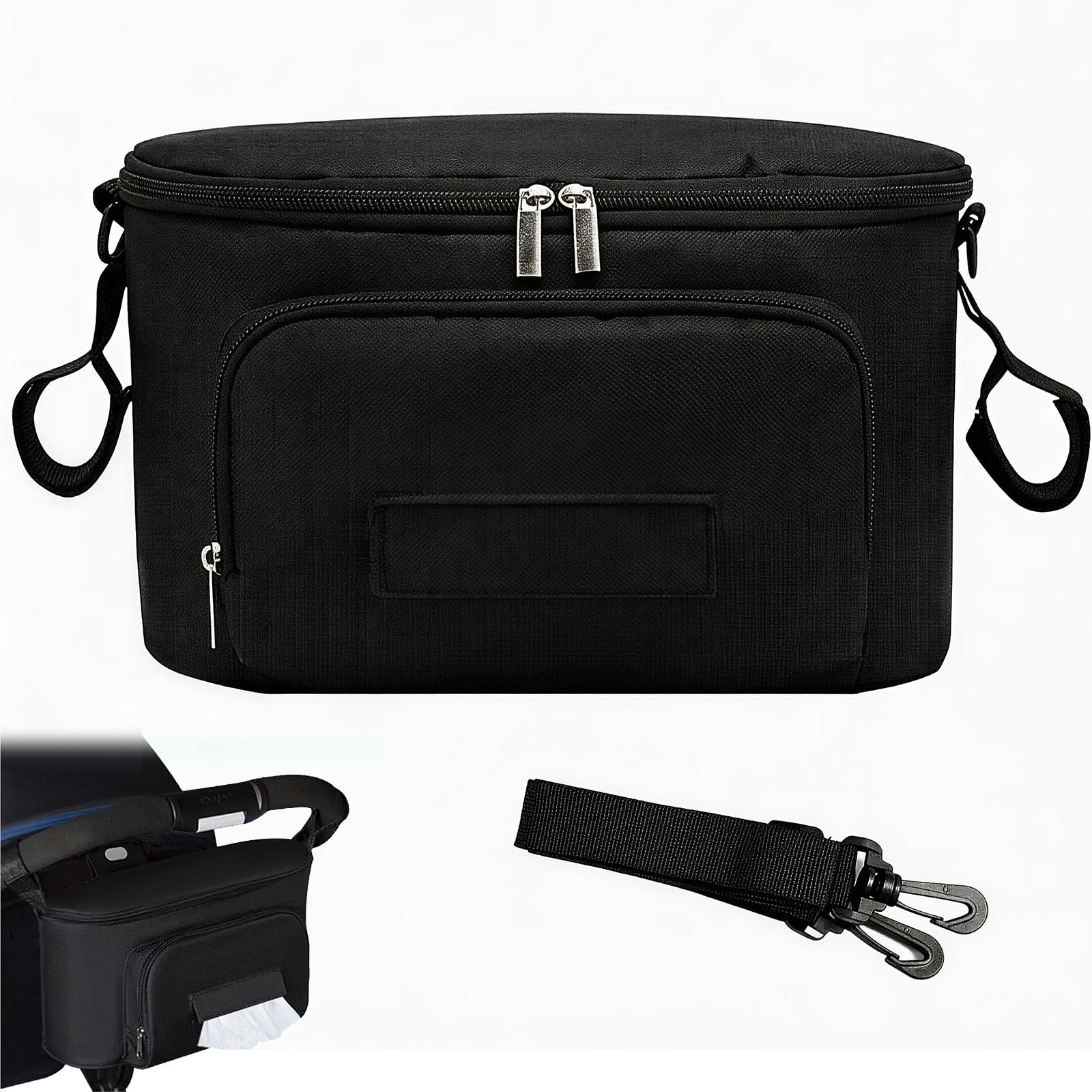 Bolso Organizador para Carrito de Bebé Universal, Bolsa Impermeable de Gran Capacidad con Portavasos, Correa de Hombro Ajustable, Accesorio Multifuncional para Cochecito y Paseo (Negro)