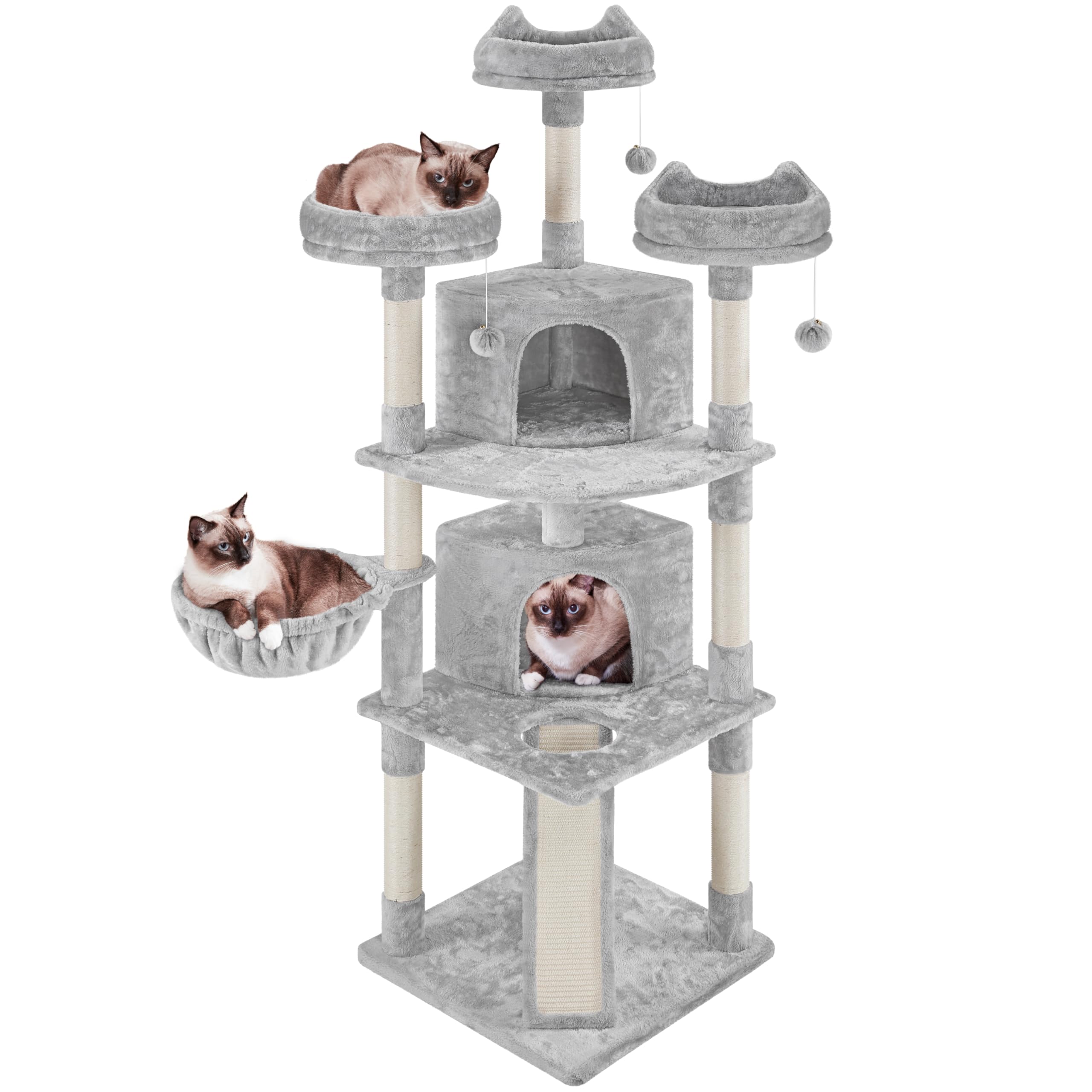 Yaheetech Kratzbaum 193 cm XXL deckenhoch Katzenkratzbaum Stabil Katzenbaum mit 8 Sisalstämme 2 Katzenhöhlen und 3 Aussichtplattformen, Hellgrau
