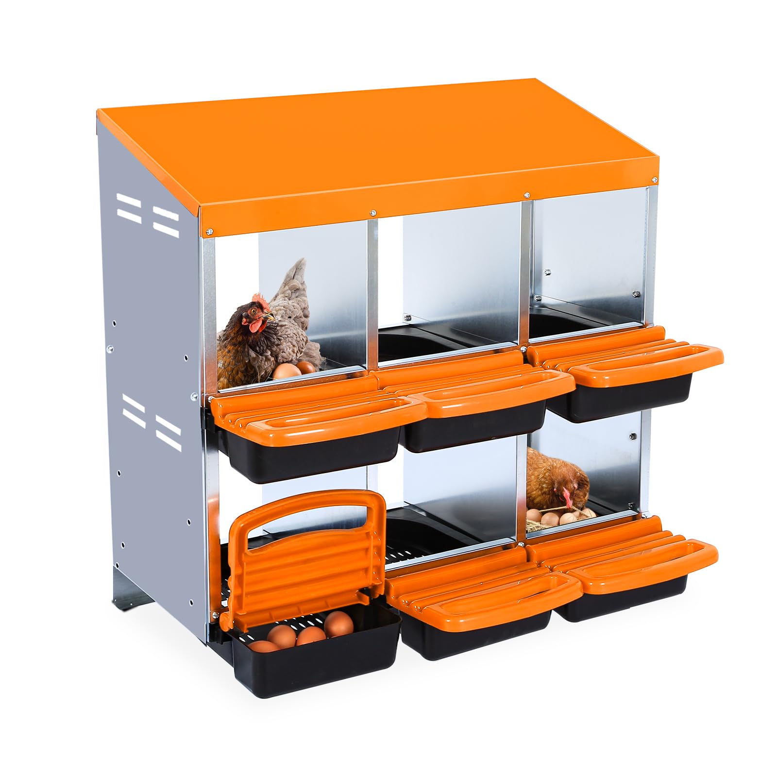 2 Tier Laying Nest for Chickens 6 Compartments Rolling Nest for Chickens Poultry Nests with Inclined Base Ventilation Holes Chicken Nests for Wall Mounting Easy Cleaning Orange