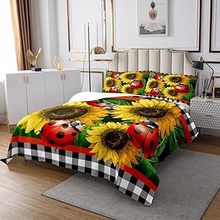 Yellow Sunflowers Bedspread Set Queen Size for Kids,Boys Girls Red Ladybug Quilt Set Geometry Grid Bedspread Coverlet Farmhouse Bedspread 3 Piece Decorative Bedding Quilted with 2 Pillow Shams