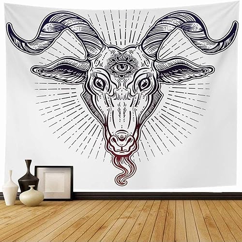 Bknnami Tapestry Wall Hanging Occultism Goat Horn Animal Print Occult with Head for Sticker Scary Eye Signs Sorcery Old Symbols Wall Tapesty for