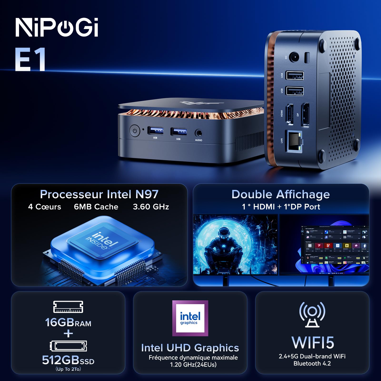 NiPoGi E1 ミニPC N97 16/512 NiPoGi Essenx E1 Mini PC W-11 Pro Ιntel Alder Lake N97 (jusqu'à 3