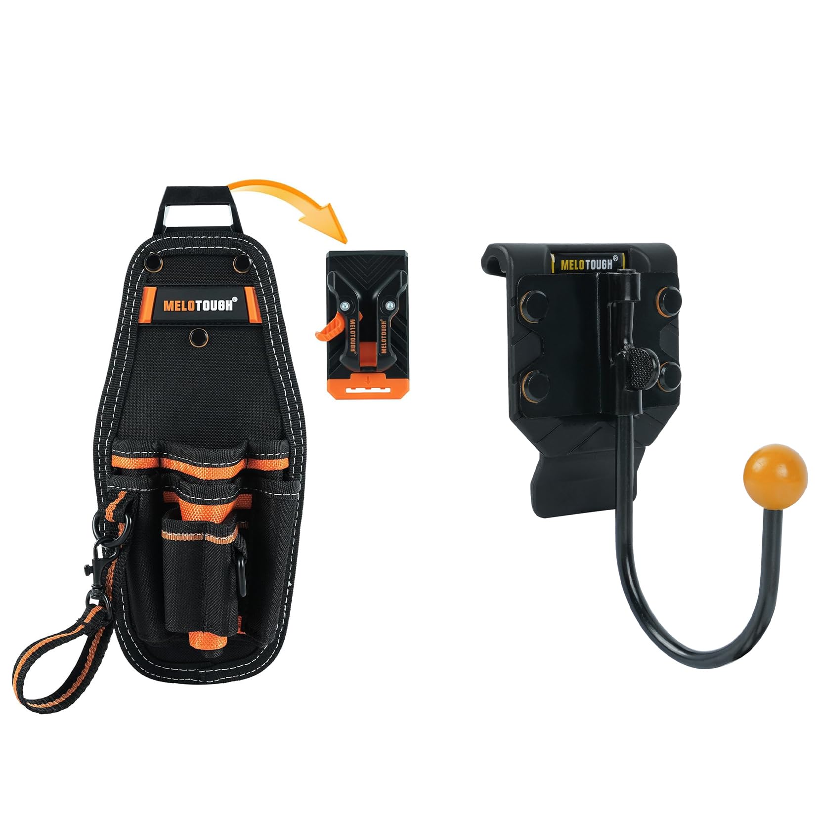 MELOTOUGH Small Tool Pouch with Quick Release Belt Clip,Tool Belt Pouch with Electrician Tape Thong Strap,Tool Belt Hook,Tool Holster,Drill Belt Holder,Cordless Drill Holster Single