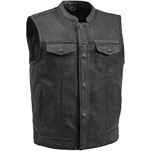 First Mfg Co - Sharp Shooter - Mens Motorcycle Leather Vest, Banded Collar, Club Style Vest, Perforated Leather, Moto Mesh