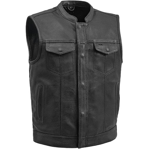 First Mfg Co Sharp Shooter Men's Motorcycle leather Vest - Classic Black Leather, Banded Collar, Covered Snaps