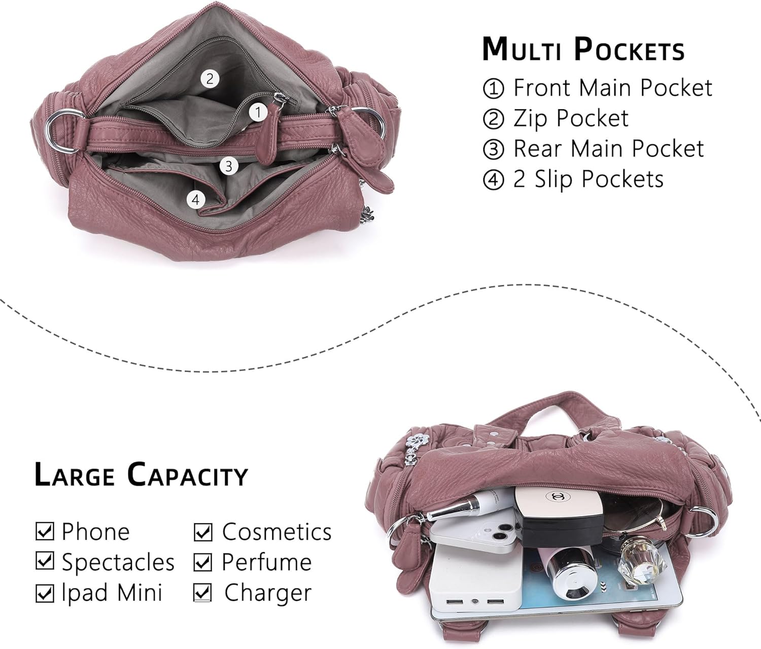 Angel Kiss Purses for Women Small Hobo Shoulder Bags Vagen Leather Multi-Pocket Tote Bag with Zipper - Image 4