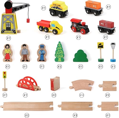Miniatura 7 de Juego de trenes de madera Qilay para niños pequeños - 39 piezas de vías de tren de madera con grúa, puente y 5 trenes de madera - Juguetes de trenes