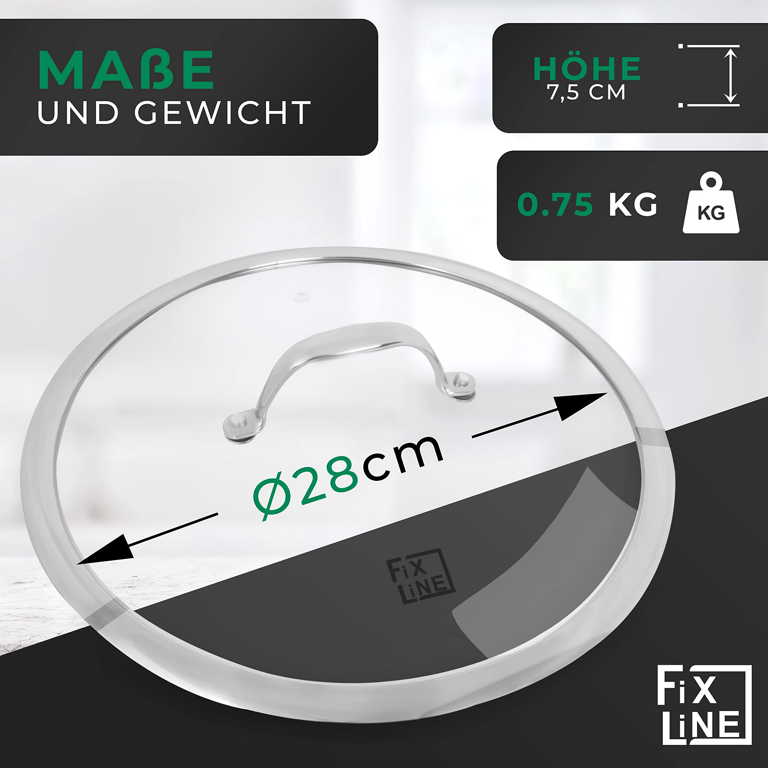 FIXLINE® Coperchio in vetro 28 cm – Coperchio universale in vetro temperato con uscita vapore e bordo in acciaio inox – Coperchio per padella e coperchio adatto per padelle e pentole Ø 28 cm