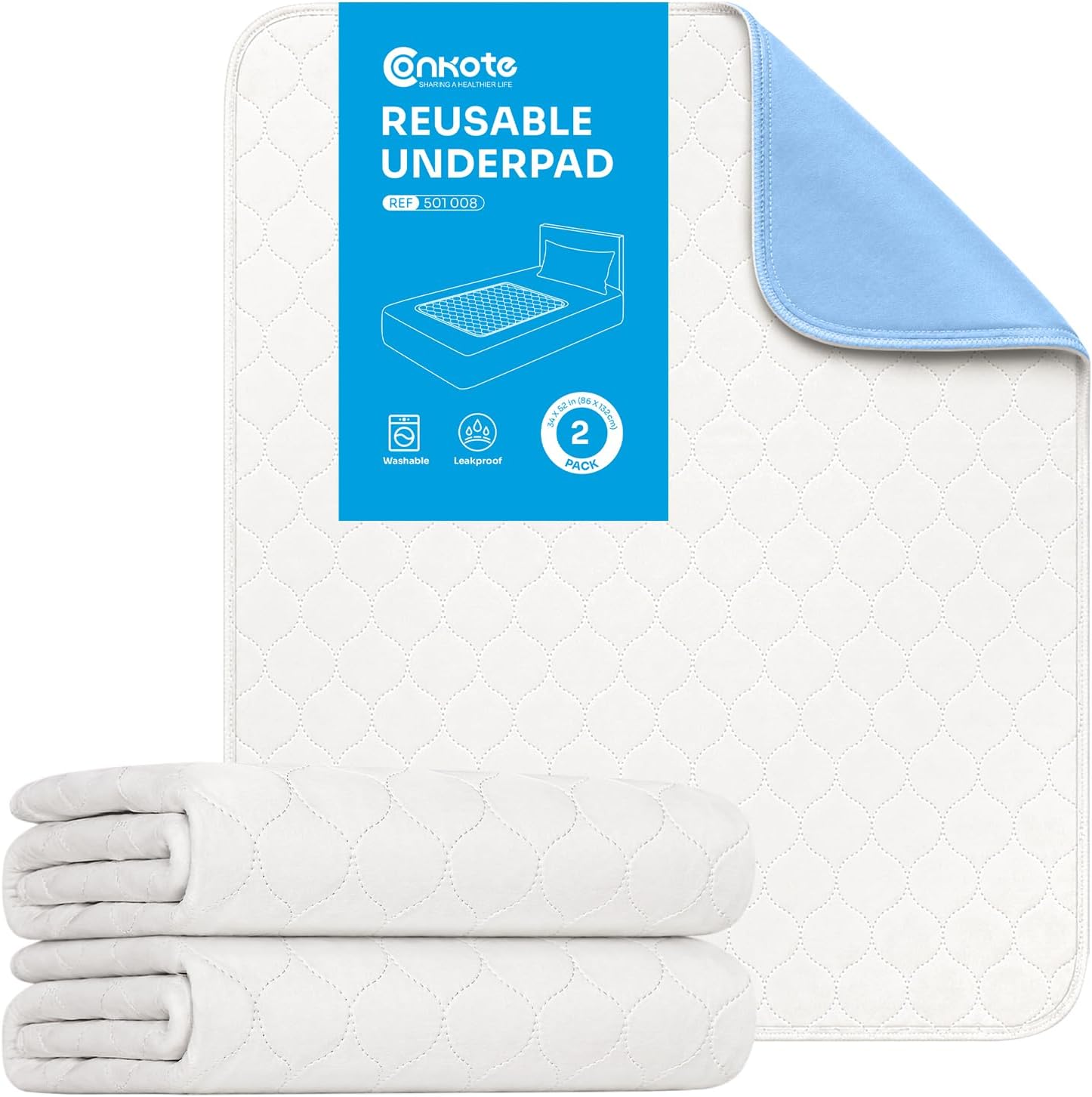 Conkote Heavy Absorbency Bed Pad, Washable and Reusable Incontinence Bed Underpads, 34"X52" (2 Pack), Waterproof Mattress Protector