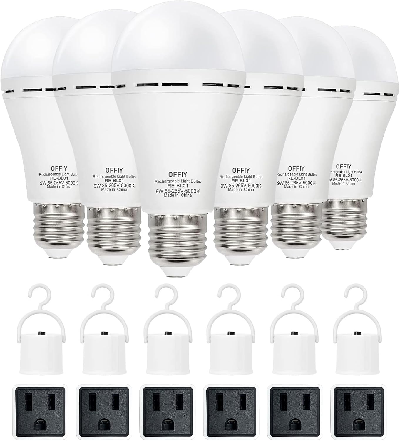 Emergency Light Bulbs, 1800mAh High-Capacity Battery for Longer Emergency Time, 9W,750LM,5000K Rechargeable Light Bulbs for Power Outage, A19 E26 Led Light Bulbs, 6PK,with 6 Hooks & Plug Caps