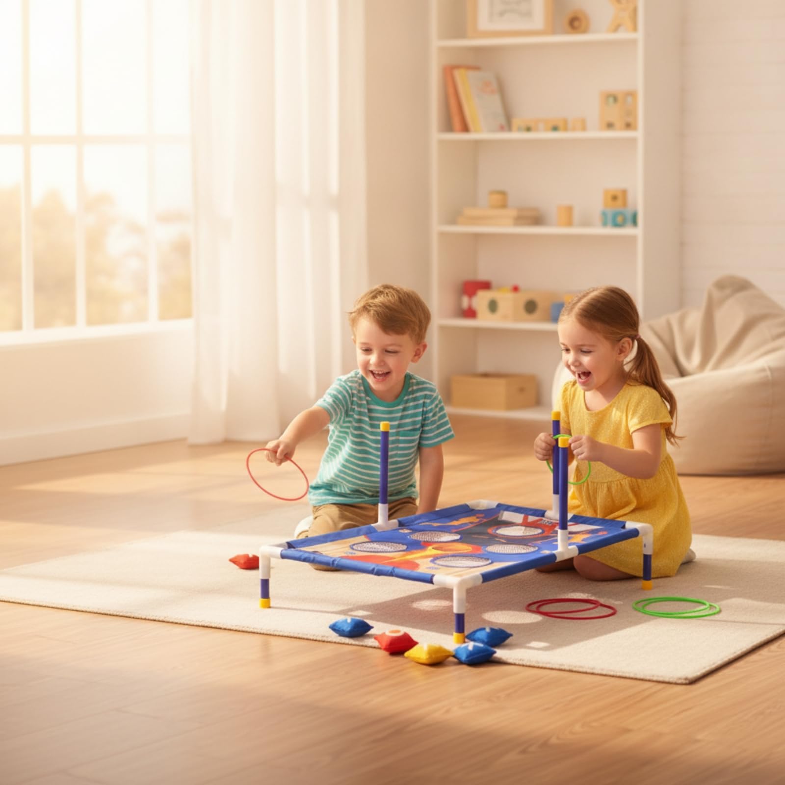 Gioco Lancio Anelli per Bambini con Tabellone Rialzato Set Sportivo con Fori Punteggio Anelli Piccoli Più Tre Grandi Telaio con Gambe Coordinazione