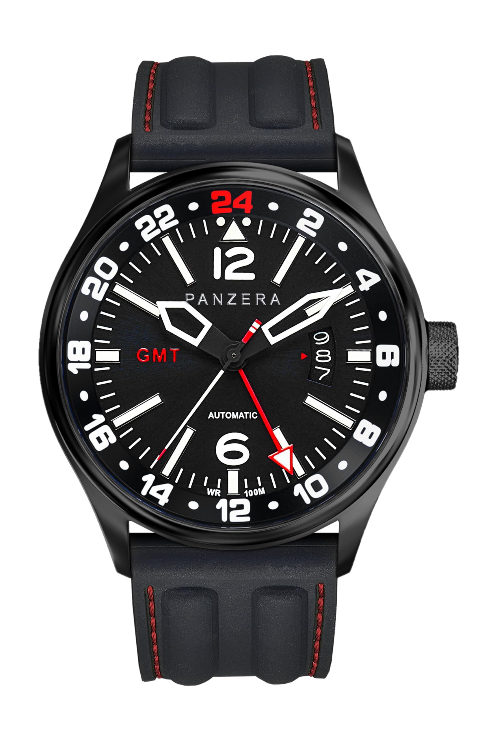 Panzera Flieger 45G Mechanische Automatikuhr Stahl Schwarz Saphir Silikon Datum Herrenuhr, Schwarz , Armband