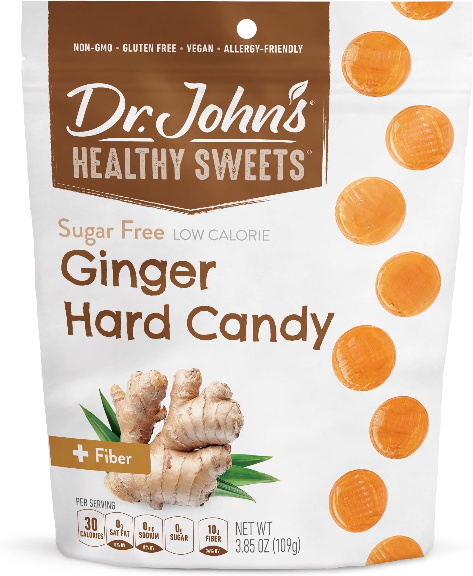 Dr. John’s Sugar Free Candy, Healthy Hard Candy with Zero Sugar, Low Calorie Snacks, Keto Friendly, Vegan, Gluten Free, Ginger Flavor, 24 Count, 3.85 OZ