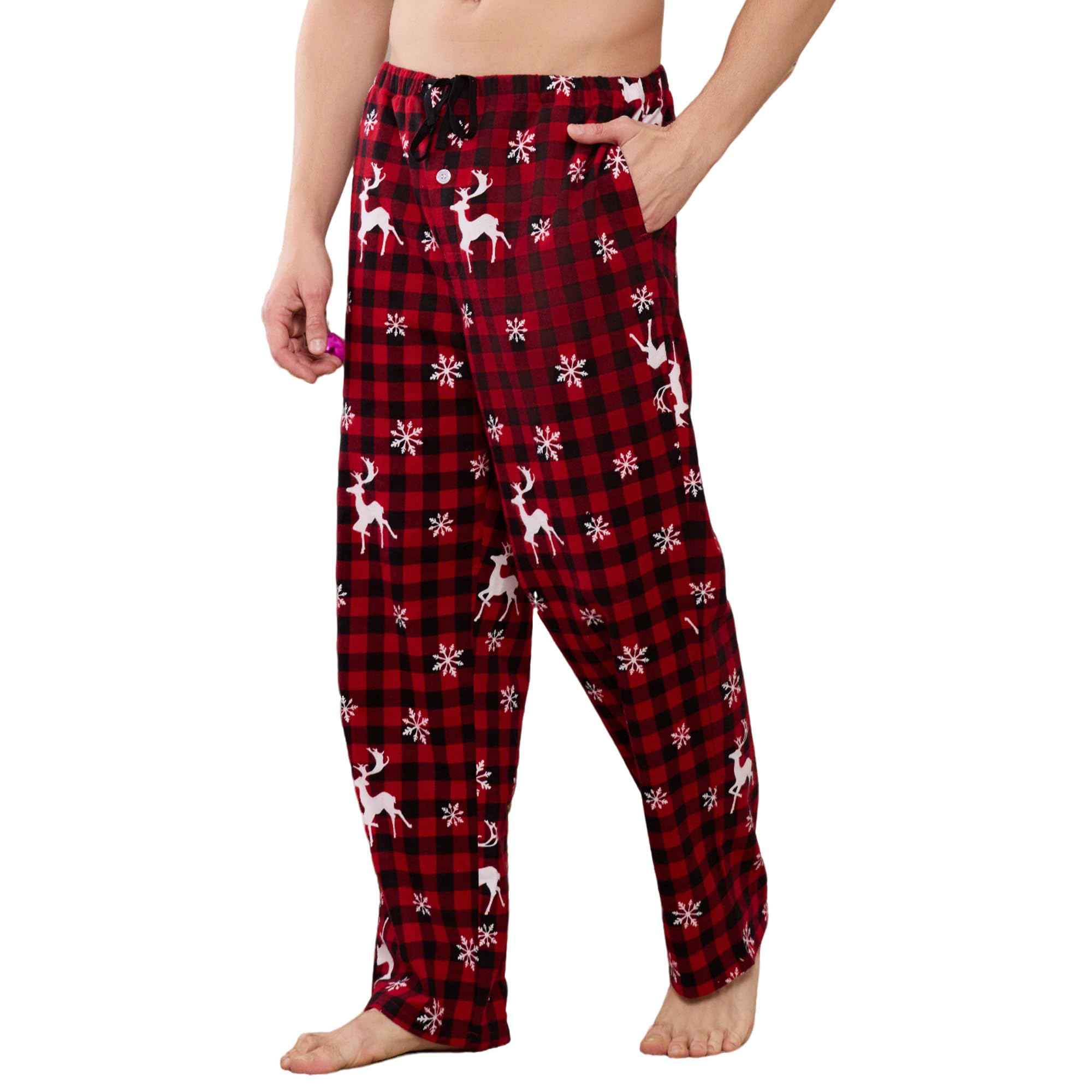 Vulcanodon Mens 100% Cotton Pajama Pants Fleece Plaid Bottoms with Pockets and Button Fly