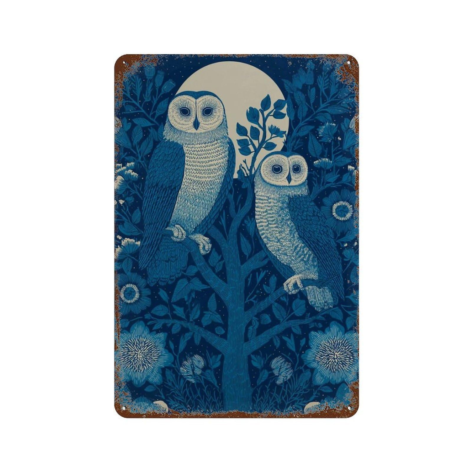 xiaoxiaoshen Owl Moonlit Night Woodland Animal Blue Botanical Work Mystical Bird Nature Inspi Wall Decor Art Metal Tin Poster Modern Home Decor Art Home Bar Shop Decorations Vintage Sign 30x20cm