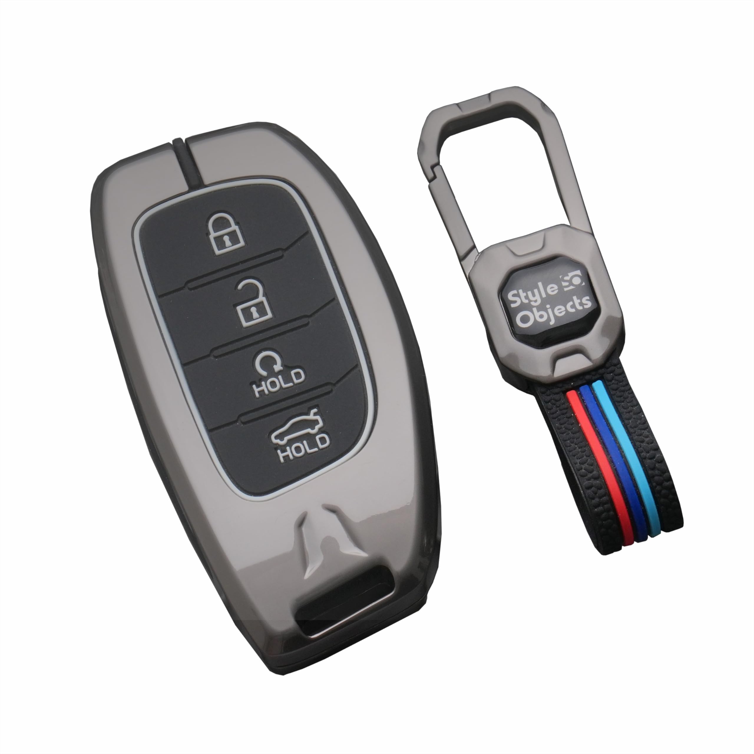 STYLEOBJECTS Metal Car Key Cover with Keychain Compatible With Hyundai Creta 2024 & Alcazar Luxury Waterproof Soft Silicon Car Key Shell & Full Protection 4 Button Metal Smart Car Key Cover, Silver