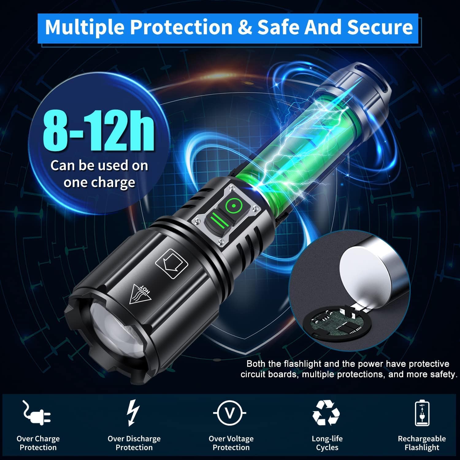 Super Bright Rechargeable LED Flashlight 200000 Lumens Waterproof Zoomable Rechargeable Flashlight IP67 Waterproof Rechargeable LED Flashlight Portable Flashlight Strap, 6 Modes — Amazon image 6