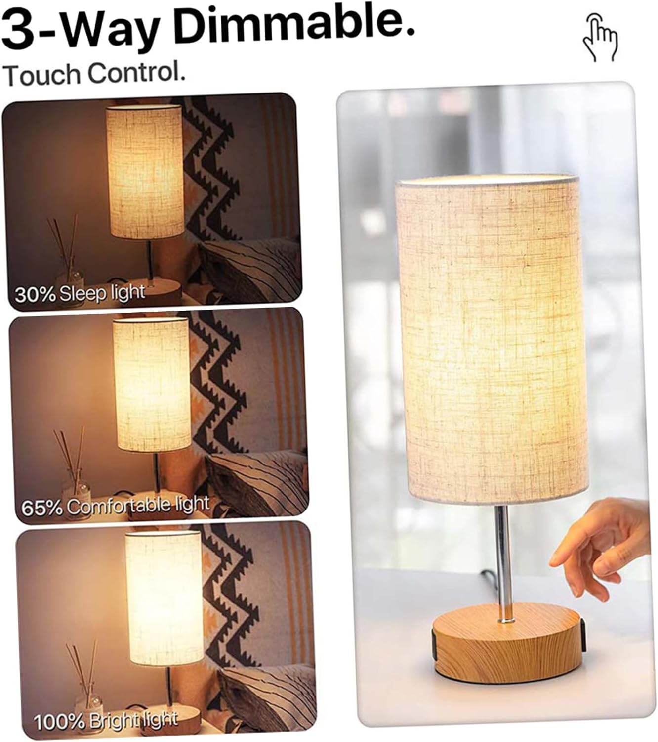 Vaguelly Touch Control Table Lamp with Shade Dimmable Bedside Lamp for Spaces USB Charging Port for Bedroom and Living Decor