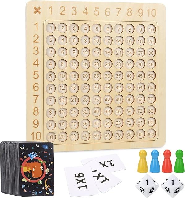 Wooden Multiplication Board Game,Montessori Times Table Maths Games Numberblocks Toys,BACUS for Kids Number Blocks ADHD Resources for Children Educational Multiplication Checkerboard 100 Cards Against