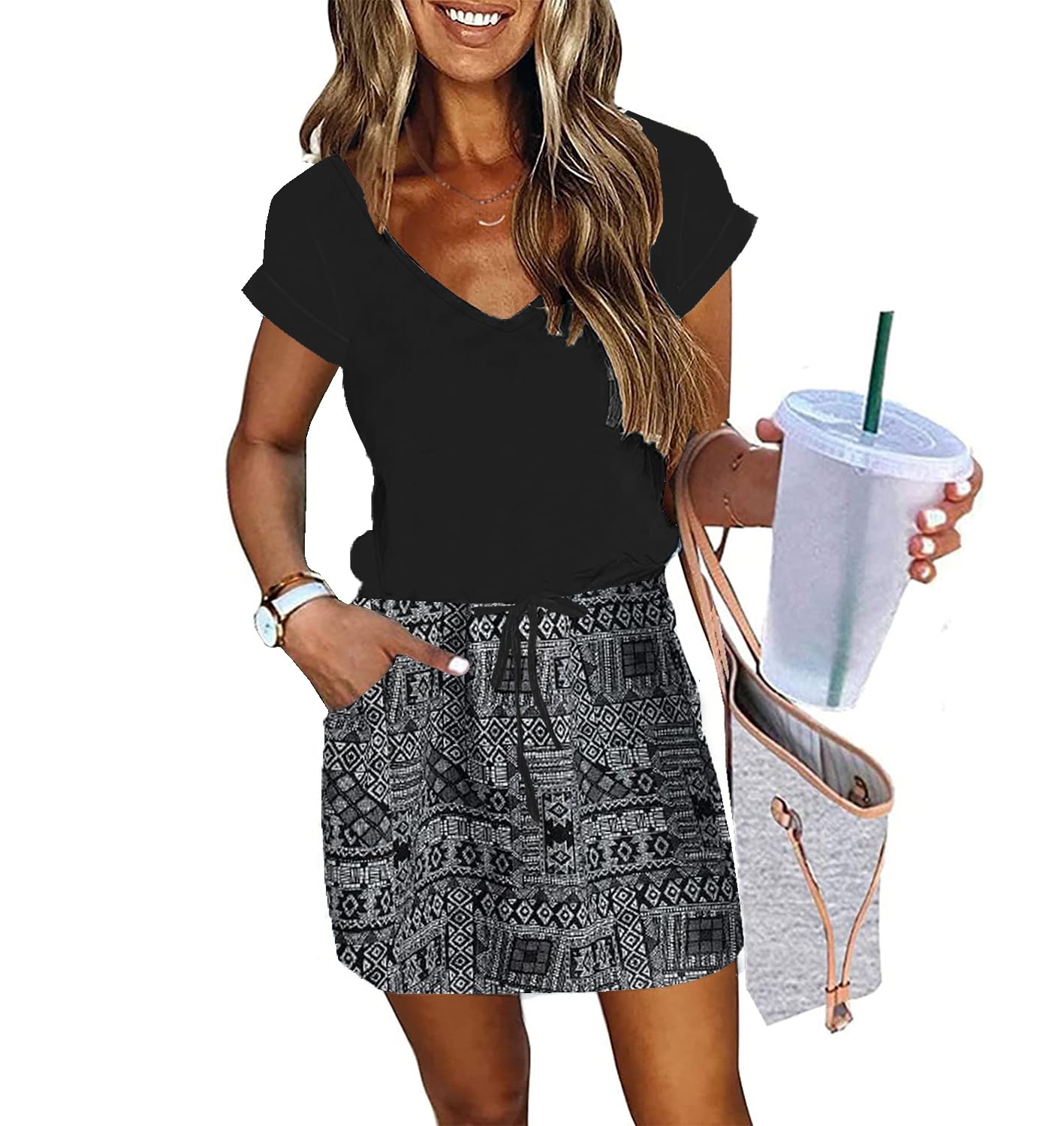 ETCYY NEWWomens Summer Dress Lantern Sleeve Square Neck Tie Front A-Line Double Layer Hem Mini Dresses