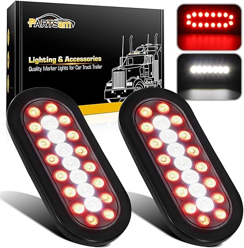 Partsam 2 luces traseras LED ovaladas de 6.3 pulgadas con luces de reversa, lente transparente roja y blanca, 23 LED, luces traseras LED ovaladas