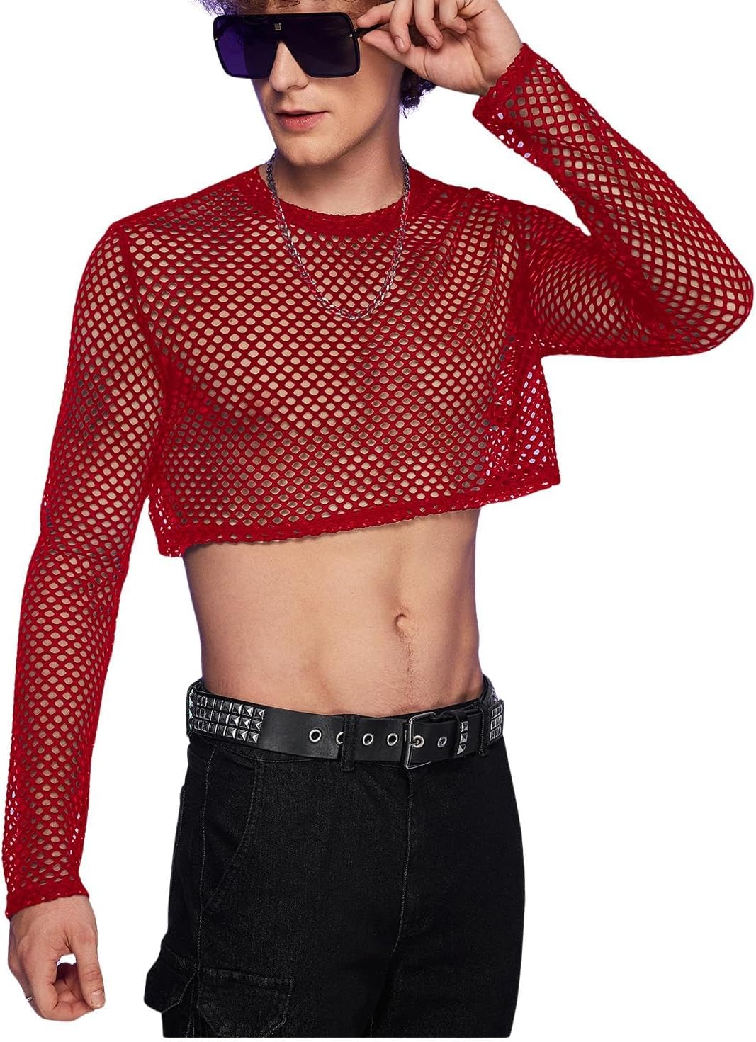 WDIRARA Men's See Through Fishnet Mesh Long Sleeve Sheer Crop Tops Party Club Top